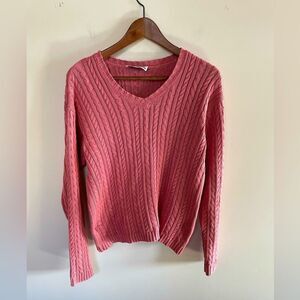 Elegant Pink V-Neck Cable Knit Sweater